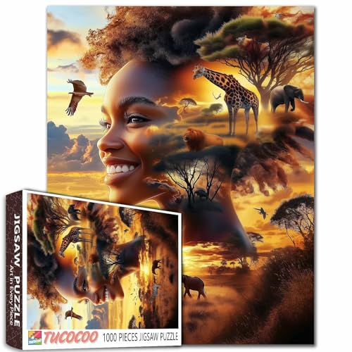 Elefant Tier Baum Sonnenuntergang Landschaft 1000 Teile Puzzles für Erwachsene Afrikanische Giraffe Puzzle für Anfänger Surreal 1000 Teile Puzzles für Erwachsene Geschenk für Frauen Familie Spaß von Tucocoo