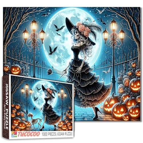 Elegantes Skelett-Puzzle für Dame und Haustiere, Halloween, Kürbis, Vollmond, 1000 Teile, für Erwachsene, Studenten, 50,8 x 68,6 cm, Herbstnacht, Herausforderung, Puzzle, Geschenk für Familie von Tucocoo