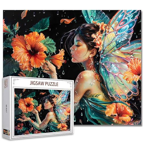 Fairy Girl Jigsaw Puzzles 1000 Stück für Erwachsene, Familien (Weiblich,Schmetterlingsflügel,Blumen,Regentropfen) Stücke passen perfekt zusammen Frau Frameable Magic Puzzle Art Gift（Colorful） von Tucocoo