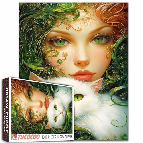 Fantasy Frauen und weiße Katze Puzzles für Erwachsene 1000 Teile Puzzle Grünes Haar Mädchen Puzzles Kunst Herausforderung Familienspiel Kätzchen Erwachsenenpuzzle von Tucocoo