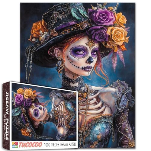 Fantasy-Totenkopf-Frauen-Puzzle, 1000 Teile, für Erwachsene, Studenten, elegante Dame mit Zuckerschädel-Make-up und Blumenhut, Tag der Toten, Kunststil-Puzzle, 50,8 x 68,6 cm, lebendige Farben Fantasy-Totenkopf-Frauen-Puzzle, 1000 Teile, für Erwachsene, Studenten, elegante Dame mit Zuckerschädel-Make-up und Blumenhut, Tag der Toten, Kunststil-Puzzle, 50,8 x 68,6 cm, lebendige Farben von Tucocoo