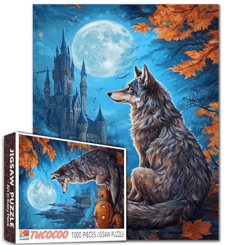 Fantasy Wolf Puzzle 1000 Teile für Erwachsene, Herbstschloss, blauer Mond, Himmel, Kürbisse, Blätter, Kunstpuzzle, 50,8 x 68,9 cm, Halloween-Landschaft, Puzzle-Spiel, einzigartiges Geschenk Fantasy Wolf Puzzle 1000 Teile für Erwachsene, Herbstschloss, blauer Mond, Himmel, Kürbisse, Blätter, Kunstpuzzle, 50,8 x 68,9 cm, Halloween-Landschaft, Puzzle-Spiel, einzigartiges Geschenk von Tucocoo