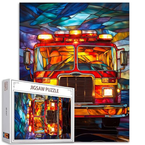 Feuerwehrauto Puzzles für Erwachsene Buntglas-Stil Puzzle - 1000 Teile Puzzle für Erwachsene Pädagogisches und lustiges Spiel Feuerwehrauto 1000 Teile Puzzles für Erwachsene Raumdekor von Tucocoo