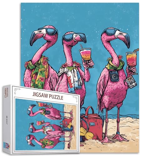 Flamingos On Vacation – 1000 Teile Puzzle für Erwachsene Herausforderndes Puzzle perfekt für Familienspiel – Lustiges Sommer-Strand-Flamingo-Puzzle, 1000 Teile am Meer Puzzle Kunst für Erwachsene von Tucocoo