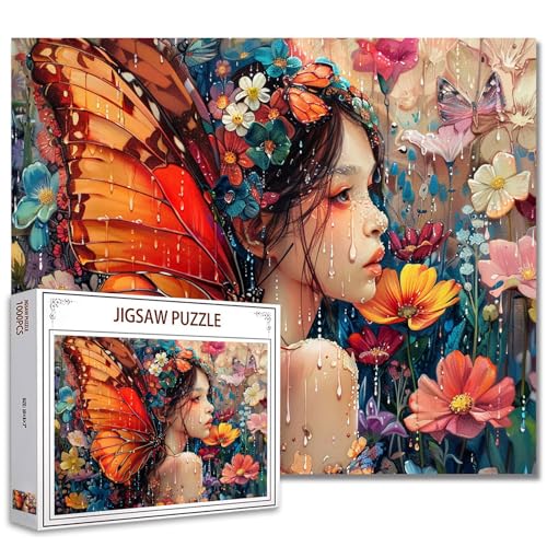 Frau Jigsaw Puzzles 1000 Stück für Erwachsene, Familien (Fairy Girl, Schmetterling, Wildblumen, Pflanzen) Stücke passen perfekt zusammen Frau mit Blumen Frameable Magic Puzzle Art Boho Geschenk von Tucocoo