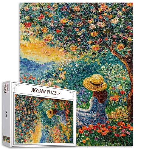 Frau umgeben von Blumen 1000 Teile Puzzle für Erwachsene Natürliche Baumlandschaft 1000 Teile Puzzle für Erwachsene Geschenke Puzzle Kunst Herausforderndes Puzzle Perfekt für Spiel Parary Events von Tucocoo