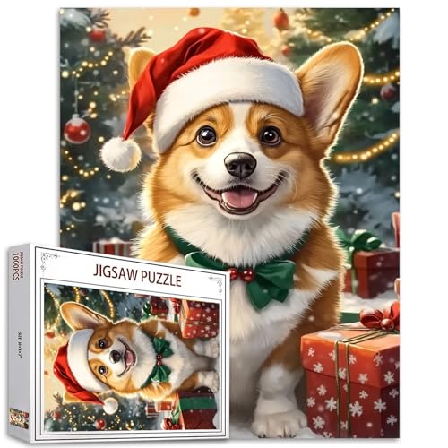 Frohe Weihnachten 1000 Stück Puzzles für Erwachsene Niedlicher Kleiner Hund Malerei Jigsaw Puzzle Tier mit Weihnachtsmütze 1000 Stück Puzzlespiel Home Wall Decor DIY Craft Xmas Tree Puzzle Art Gift von Tucocoo