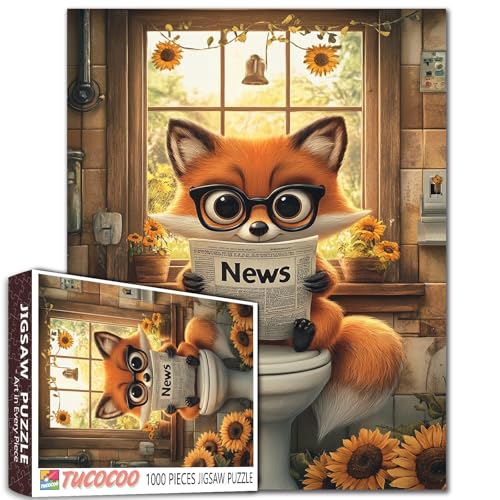 Funny Fox Puzzle für Erwachsene, niedliches Tierbadezimmer mit Brille, Lese-Zeitungspuzzle, WC, Humor, skurril, rustikal, Sonnenblumen, herausfordernde Puzzles, Heimdekoration, Geschenk, 68 x 50 cm Funny Fox Puzzle für Erwachsene, niedliches Tierbadezimmer mit Brille, Lese-Zeitungspuzzle, WC, Humor, skurril, rustikal, Sonnenblumen, herausfordernde Puzzles, Heimdekoration, Geschenk, 68 x 50 cm von Tucocoo