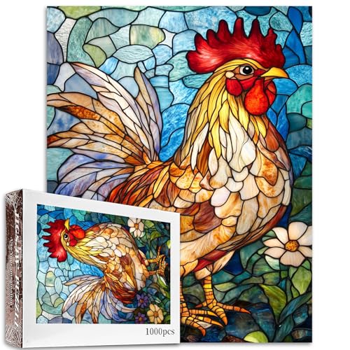 Glas-Hahn-Puzzle, Bauernhofhahn, 1000 Teile, Puzzle für Erwachsene, 68,6 x 50,8 cm, Puzzles für Familien, HD-Qualität, Buntglas-Fotopuzzle, Geschenk, perfekt für Spieleabende Glas-Hahn-Puzzle, Bauernhofhahn, 1000 Teile, Puzzle für Erwachsene, 68,6 x 50,8 cm, Puzzles für Familien, HD-Qualität, Buntglas-Fotopuzzle, Geschenk, perfekt für Spieleabende von Tucocoo