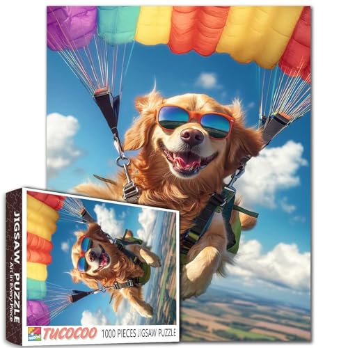 Golden Retriever Skydiving Kunst-Puzzle für Erwachsene, 1000 Teile, Tier-Himmeltauchen, bunte Fallschirme, bunte DIY-Puzzles für Heimdekoration, Geschenke, Familienherausforderung, perfekt für Golden Retriever Skydiving Kunst-Puzzle für Erwachsene, 1000 Teile, Tier-Himmeltauchen, bunte Fallschirme, bunte DIY-Puzzles für Heimdekoration, Geschenke, Familienherausforderung, perfekt für von Tucocoo