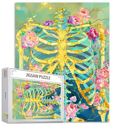 Goldene Skelett Puzzle 1000 Stück für Erwachsene - Menschliche Körper Anatomie Mit Einzigartiger Form - Schädel Halloween Stil Rosa Blumen Knochen Kunst Geschenk Goldene Skelett Puzzle 1000 Stück für Erwachsene - Menschliche Körper Anatomie Mit Einzigartiger Form - Schädel Halloween Stil Rosa Blumen Knochen Kunst Geschenk von Tucocoo