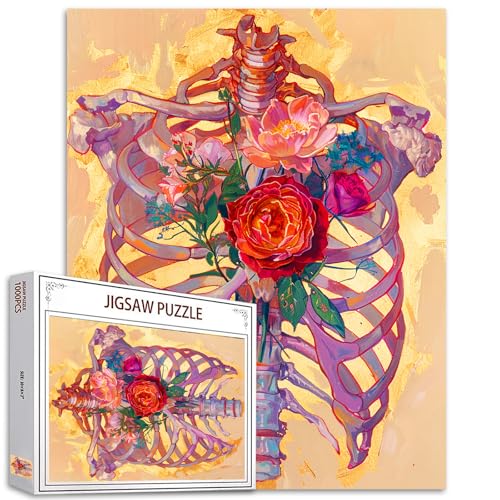 Gothic Skelett 1000 Stück Jigsaw Puzzle für Erwachsene Herausfordernde Puzzle perfekt für Spiel - Menschliche Schädel und rote Rosen 1000 Stück Puzzle Kunst für Familie Spaß Erwachsene Puzzle Spiele von Tucocoo