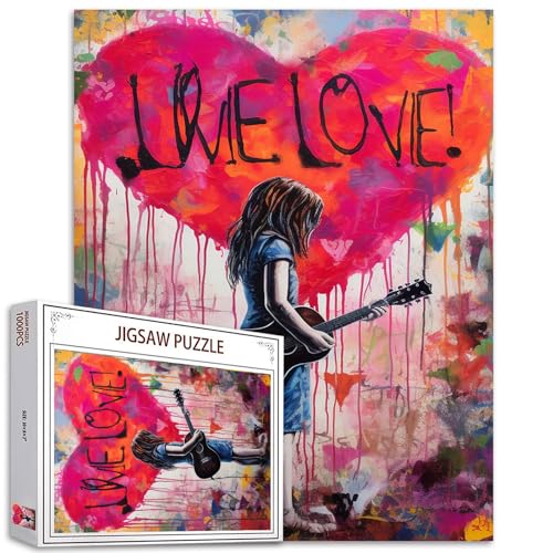 Graffitipuzzle 1000 Teile für Erwachsene, Familien (Kleines Mädchen,Liebe,Rockmusik,Gitarre,Herz) Teile passen perfekt zusammen 19.7''x27.6''inch Doodle rahmbares magisches Puzzle Art（Colorful） von Tucocoo
