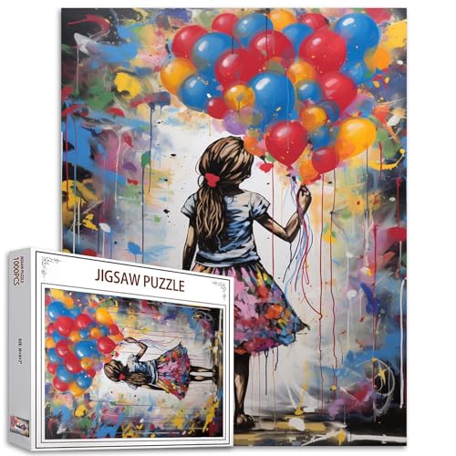Graffitipuzzle 1000 Teile für Erwachsene, Familien (Kleines Mädchen hält den Ballon) 1000 Teile passen perfekt zusammen 19.7''x27.6''inch Street Art Frameable Doodle Magic Puzzle Art（Colorful） von Tucocoo