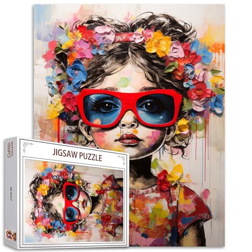 Graffitipuzzle 1000 Teile für Erwachsene, Familien (Kleines Mädchen mit roter Brille) 1000 Teile passen perfekt zusammen 19.7''x27.6''inch Mädchen mit Blumen Frameable Doodle Magic Puzzle Art von Tucocoo