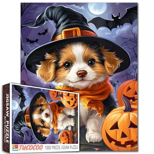 Halloween Cute Puppy Puzzle 1000 Teile Puzzle für Erwachsene Studenten Hexenhut Kürbisse Fledermäuse Mondlicht Tier Hund Kunst Puzzles 50,8 x 68,9 cm Heimdekoration Geschenk für Herbst Herbst Halloween Cute Puppy Puzzle 1000 Teile Puzzle für Erwachsene Studenten Hexenhut Kürbisse Fledermäuse Mondlicht Tier Hund Kunst Puzzles 50,8 x 68,9 cm Heimdekoration Geschenk für Herbst Herbst von Tucocoo