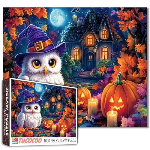 Halloween-Eulen-Puzzle für Erwachsene, 1000 Teile, weiße Eule im Hexenhut mit Kürbissen, Spukhaus, Herbst-Nacht-Szene, Puzzle, gemütlich, gruselig, Herbstdekoration, Geschenk, herausforderndes Puzzle Halloween-Eulen-Puzzle für Erwachsene, 1000 Teile, weiße Eule im Hexenhut mit Kürbissen, Spukhaus, Herbst-Nacht-Szene, Puzzle, gemütlich, gruselig, Herbstdekoration, Geschenk, herausforderndes Puzzle von Tucocoo