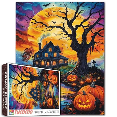 Halloween Grusellandschaft Puzzle 1000 Teile für Erwachsene Vollmond Kürbisse Puzzle Herausforderndes Puzzle perfekt für Spielabende DIY Home Wall Decor Hexennacht Kunst Puzzles 68,6 cm x 20 von Tucocoo