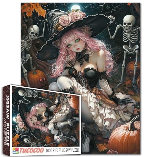 Halloween-Hexen-Puzzle, 1000 Teile für Erwachsene, Studenten, rosa Haar-Mädchen mit grünen Augen, umgeben von Kürbissen und Skeletten, Fantasie-Kunst, dunkler Hintergrund, Puzzle, 50,8 x 68,6 cm Halloween-Hexen-Puzzle, 1000 Teile für Erwachsene, Studenten, rosa Haar-Mädchen mit grünen Augen, umgeben von Kürbissen und Skeletten, Fantasie-Kunst, dunkler Hintergrund, Puzzle, 50,8 x 68,6 cm von Tucocoo