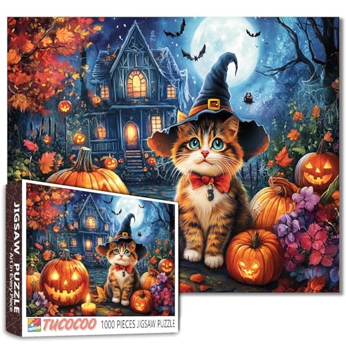 Halloween Kätzchen Puzzle 1000 Teile für Erwachsene Süße Katze im Hexenhut mit Kürbissen Puzzle Spukhaus Vollmond Herbst Blätter Gruselige Urlaub Puzzles Spaß Herausfordernde Halloween Dekor für Halloween Kätzchen Puzzle 1000 Teile für Erwachsene Süße Katze im Hexenhut mit Kürbissen Puzzle Spukhaus Vollmond Herbst Blätter Gruselige Urlaub Puzzles Spaß Herausfordernde Halloween Dekor für von Tucocoo