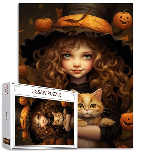 Halloween-Kürbis-Mädchen-Puzzle Lockenpuppe mit braunem Haar, die eine Katze hält 1000 Teile Puzzle für Erwachsene Heimdekoration Familienpuzzle perfekt für Spieleabende von Tucocoo