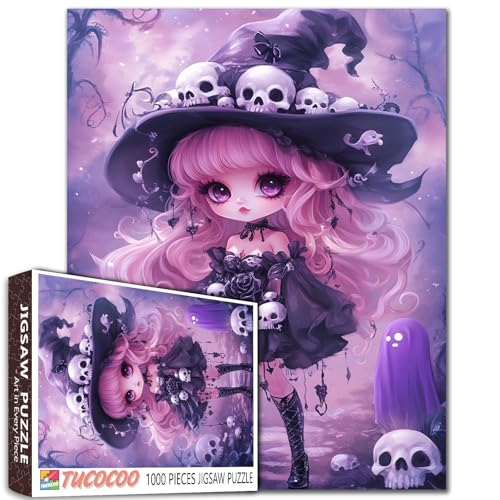 Halloween Pink Haired Witch Girl Gothic Skull 1000 Piece Jigsaw Puzzle for Adults Students Ghosts Fantasy Style Art Pastell Purple Theme Puzzles 20×27 Inches Cute Anime Aesthetic Gift Home Decor von Tucocoo