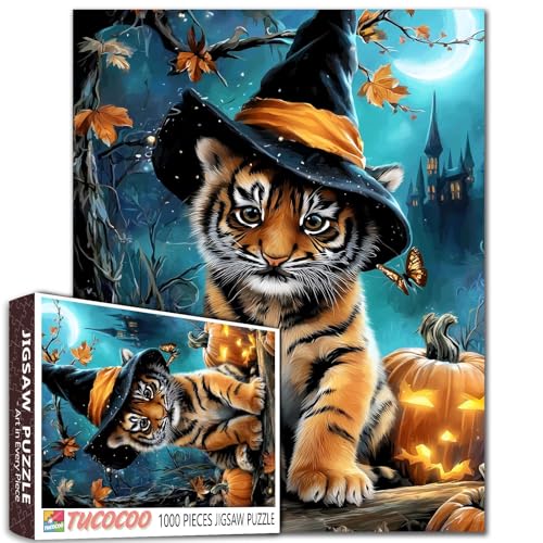 Halloween-Puzzle, 1000 Teile für Erwachsene, Tiger im Hexenhut, Puzzle, Halloween-Nacht-Puzzle als Horror-Party-Dekoration, Kürbis, Horror-Nachtwache, Party Halloween-Puzzle, 1000 Teile für Erwachsene, Tiger im Hexenhut, Puzzle, Halloween-Nacht-Puzzle als Horror-Party-Dekoration, Kürbis, Horror-Nachtwache, Party von Tucocoo