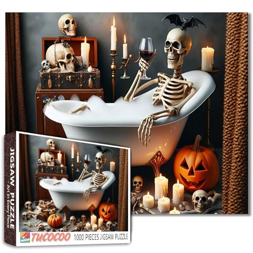 Halloween-Puzzle, entspannendes Skelett-Badeszenen-Puzzle, 1000 Teile, für Erwachsene, Studenten, Gothic-Totenkopf-Dekor, Kerze, Knochen, Fledermaus, Kürbis, Badezimmer, Kunst, Puzzle, 50,8 x 68,9 cm von Tucocoo