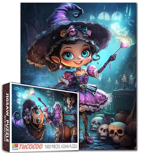 Halloween-Puzzle, süßes kleines Hexen-Puzzle, 1000 Teile, für Erwachsene, Studenten, Fantasy-Cartoon-Stil, Mädchen mit Zauberstab, bunte Puppenkunst, violettes Kleid, Mädchen, 50,8 x 68,6 cm, lustiges Halloween-Puzzle, süßes kleines Hexen-Puzzle, 1000 Teile, für Erwachsene, Studenten, Fantasy-Cartoon-Stil, Mädchen mit Zauberstab, bunte Puppenkunst, violettes Kleid, Mädchen, 50,8 x 68,6 cm, lustiges von Tucocoo