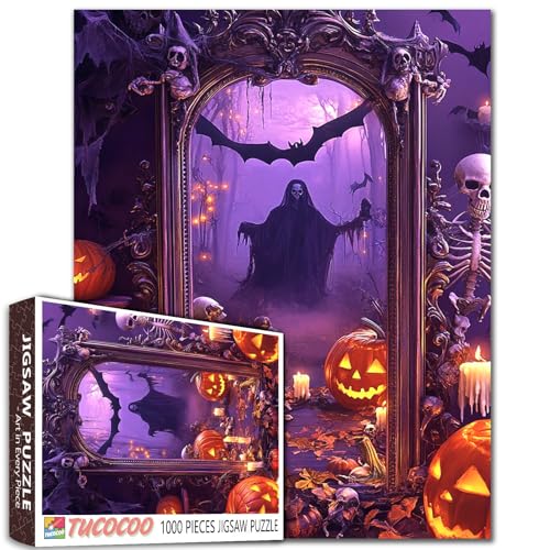 Halloween-Puzzle für Erwachsene, 1000 Teile, gruselige lila Spukszene Puzzle, Kürbisse, Skelette, Kerzen, Sensenmann und Fledermäuse, herausforderndes schwieriges Puzzle, Familienspielabende, Geschenk Halloween-Puzzle für Erwachsene, 1000 Teile, gruselige lila Spukszene Puzzle, Kürbisse, Skelette, Kerzen, Sensenmann und Fledermäuse, herausforderndes schwieriges Puzzle, Familienspielabende, Geschenk von Tucocoo