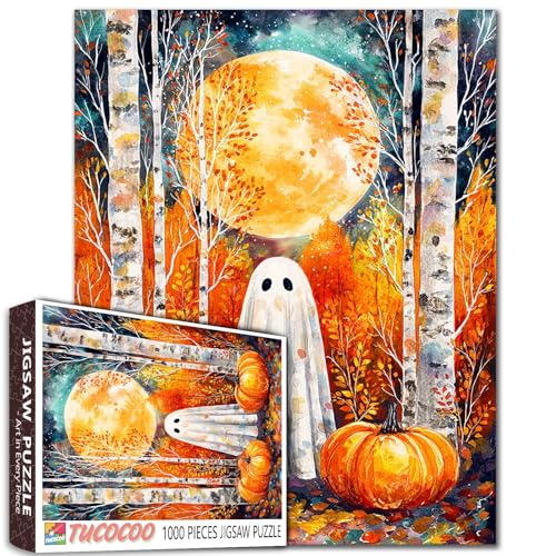 Halloween-Puzzle für Erwachsene, 1000 Teile, niedlicher Geist im Herbstwald, Jigsaw Vollmond Kürbis Herbst, ästhetische Puzzles, gruseliger Spaß, herausforderndes Puzzle für Frauen, Männer, Teenager Halloween-Puzzle für Erwachsene, 1000 Teile, niedlicher Geist im Herbstwald, Jigsaw Vollmond Kürbis Herbst, ästhetische Puzzles, gruseliger Spaß, herausforderndes Puzzle für Frauen, Männer, Teenager von Tucocoo