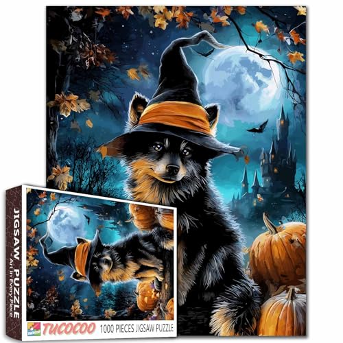 Halloween-Puzzle für Erwachsene, 1000 Teile Puzzle für Erwachsene, der Wolf in der Nacht, 1000 Teile, Kürbis-Puzzle, Schloss, Party, Geschenke, Dekoration, Wolf mit Hut Halloween-Puzzle für Erwachsene, 1000 Teile Puzzle für Erwachsene, der Wolf in der Nacht, 1000 Teile, Kürbis-Puzzle, Schloss, Party, Geschenke, Dekoration, Wolf mit Hut von Tucocoo