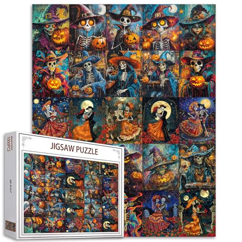 Halloween Puzzles für Erwachsene 1000 Stück Paar Schädel Puzzle Spiel Spaß Kürbis Puzzles Bunte Mondschein Alptraum Puzzle für anspruchsvolle 27 x 20 Zoll perfekt für Spiel Nächte Geschenke von Tucocoo