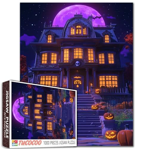 Halloween-Spukhaus-Puzzle, 1000 Teile, für Erwachsene, Studenten, gruselige Burg, Kürbisse, violetter Mond, gruseliges Herrenhaus, 50,8 x 68,6 cm, Halloweencore-Thema, Heimdekoration, lustiges Halloween-Spukhaus-Puzzle, 1000 Teile, für Erwachsene, Studenten, gruselige Burg, Kürbisse, violetter Mond, gruseliges Herrenhaus, 50,8 x 68,6 cm, Halloweencore-Thema, Heimdekoration, lustiges von Tucocoo