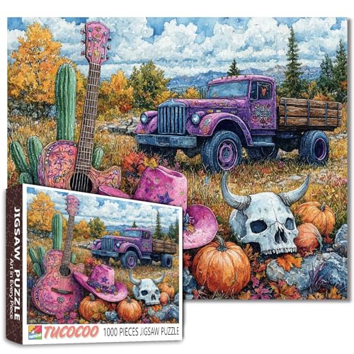 Halloween rosa Gitarre und Cowboy Hut Jigsaw Puzzle für Erwachsene Schädel Kürbis gefallene Blätter Puzzle Herausfordernd für Familie oder Freunde Spiel Entspannung Unterhaltung Aktivität Halloween rosa Gitarre und Cowboy Hut Jigsaw Puzzle für Erwachsene Schädel Kürbis gefallene Blätter Puzzle Herausfordernd für Familie oder Freunde Spiel Entspannung Unterhaltung Aktivität von Tucocoo