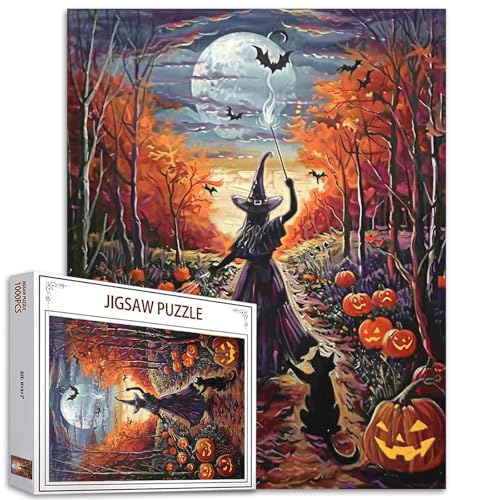 Happy Halloween Art 1000 Stück Jigsaw Puzzles für Erwachsene Hexe Mädchen Malerei Jigsaw Puzzle Schwarze Katze und Kürbisse Puzzles für anspruchsvolle Familienaktivität Herbst Wald Bilder DIY Puzzle von Tucocoo