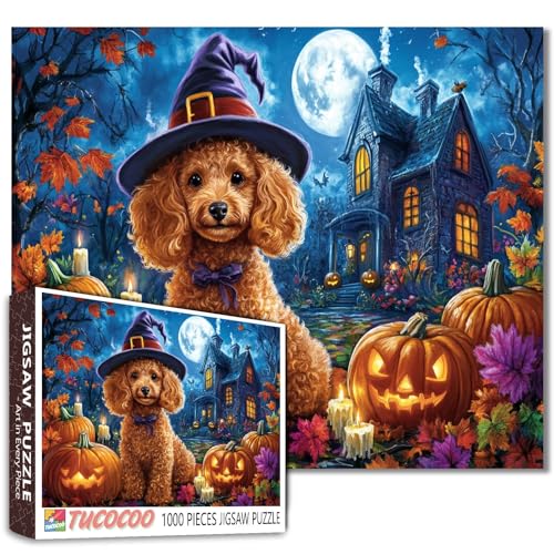 Herausforderndes 1000-teiliges Halloween-Hundepuzzle für Erwachsene, Pudel im Hexenhut mit Kürbissen, Herbstblättern und Spukhaus, Puzzle, gemütlich, gruselig, Herbstnacht, Puzzles für Hundeliebhaber Herausforderndes 1000-teiliges Halloween-Hundepuzzle für Erwachsene, Pudel im Hexenhut mit Kürbissen, Herbstblättern und Spukhaus, Puzzle, gemütlich, gruselig, Herbstnacht, Puzzles für Hundeliebhaber von Tucocoo