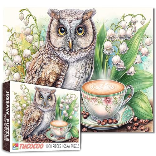 Herausforderndes 1000-teiliges Puzzle für Erwachsene, Eule, Kaffee, Maiglöckchen, Blumen, Kunst, gemütliches Cottagecore-Puzzle für entspannende Naturliebhaber, einzigartiges Tierpuzzle Herausforderndes 1000-teiliges Puzzle für Erwachsene, Eule, Kaffee, Maiglöckchen, Blumen, Kunst, gemütliches Cottagecore-Puzzle für entspannende Naturliebhaber, einzigartiges Tierpuzzle von Tucocoo