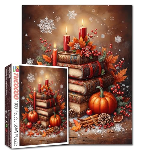 Herbstbücher Kerzen Kürbisse Blätter Puzzle 1000 Teile Puzzle für Erwachsene Studenten Gemütliches Herbsturlaub Puzzle Kunst Wohnkultur Entspannendes Gehirnspiel Vintage Bibliothek 50,8 x 68,6 cm von Tucocoo