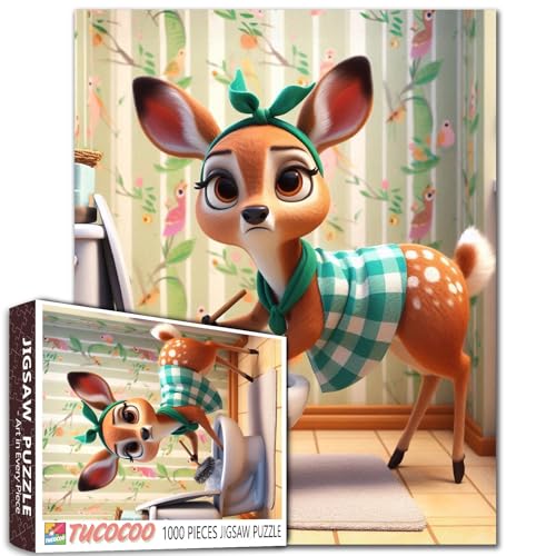 Hirsch tragen eine Schürze Scrub Toilette Jigsaw Puzzle für Erwachsene Tiere Saubere Toilette Badezimmer Puzzle Herausfordernde Familie Aktivität Spiel Intellektuelle Decompressing Spaß Familienspiel von Tucocoo