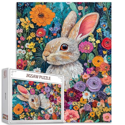 Kaninchen umgeben von Blumen 1000 Teile Puzzle für Erwachsene 1000 Teile Osterpuzzle für Erwachsene Geschenke Pflanze Floral Puzzle Kunst Herausforderndes Puzzle Perfekt für Spiel Parary Events von Tucocoo