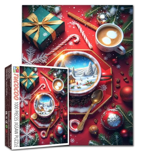 Latte Puzzle "Winter Snowy Town", Weihnachts-Kaffeekunst, 1000 Teile, Puzzle für Erwachsene, 68,6 x 50,8 cm, HD-Qualität, Weihnachtsgeschenk, Familienaktivität, perfekt für Spieleabend von Tucocoo