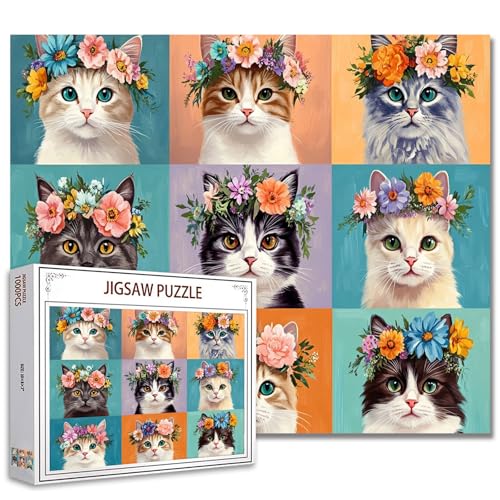 Lovely Kittens with Flower Crowns Jigsaw Puzzle 1000 Pieces Puzzles für Erwachsene, Adorable Cat Portraits Jigsaw Puzzles für herausfordernde Familie Aktivität Spiele DIY Puzzle für Home Decor von Tucocoo
