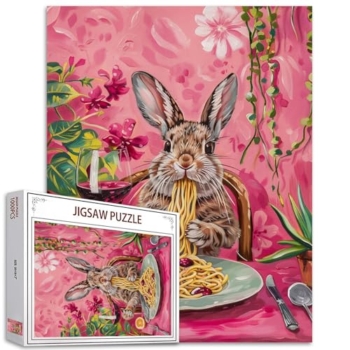 Lustige Tiere Jigsaw Puzzles für Erwachsene,1000 Teile,Niedliche Hasen Essbilder (Wein Pasta) Rosa Kunst Puzzle,Geburtstagsgeschenke,Multicolor DIY Puzzles für Familie Dekor, Perfekt für Spiele Abende von Tucocoo