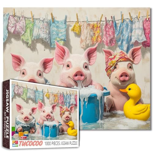 Lustiges Bauernhoftier-Puzzle, 3 Schweine, die Wäsche machen, 1000 Teile, Puzzle für Erwachsene, 68,6 x 50,8 cm, Puzzles für Familien, HD-Qualität, Puzzle-Geschenk, Aktivitätsspielabend Lustiges Bauernhoftier-Puzzle, 3 Schweine, die Wäsche machen, 1000 Teile, Puzzle für Erwachsene, 68,6 x 50,8 cm, Puzzles für Familien, HD-Qualität, Puzzle-Geschenk, Aktivitätsspielabend von Tucocoo