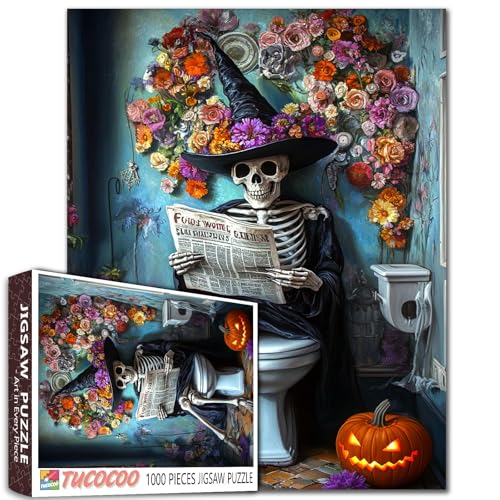 Lustiges Skelett-Hexe auf Toilette, Lese-Zeitung, 1000-teiliges Puzzle für Erwachsene, 50,8 x 68,9 cm, Halloween-Badezimmer mit Blumen und Kürbissen, gruseliges Dekor-Puzzle, gruselige Kunst, Geschenk von Tucocoo