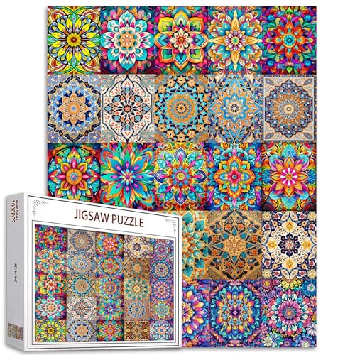 Mandala 1000 Stück Puzzles für Erwachsene Kind Islam Totem Puzzle Spiel Bunte persische Blumen Puzzles für Home Wall Decor DIY Kunst perfekt für Spiel Nächte 27 x 20 Zoll Retro Glasmuster von Tucocoo