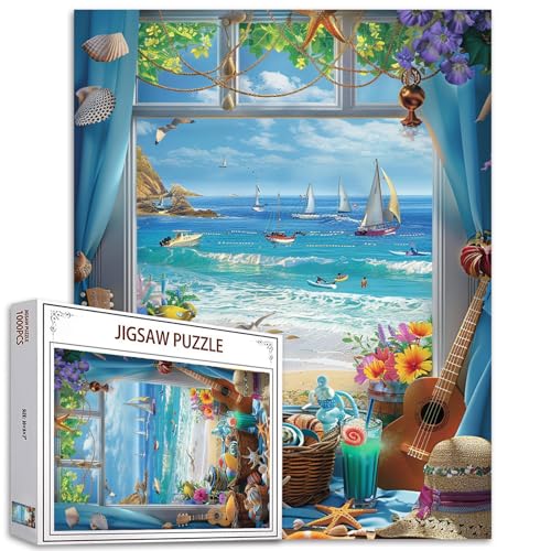 Meer-Fenster-Szenen-Puzzle, Fenster, Strand, coole Landschaft, 1000 Teile, Puzzle für Erwachsene, 68,6 x 50,8 cm, HD-Qualität, Muschelboote, Puzzle, Geschenk, Familienaktivität, perfekt für Meer-Fenster-Szenen-Puzzle, Fenster, Strand, coole Landschaft, 1000 Teile, Puzzle für Erwachsene, 68,6 x 50,8 cm, HD-Qualität, Muschelboote, Puzzle, Geschenk, Familienaktivität, perfekt für von Tucocoo