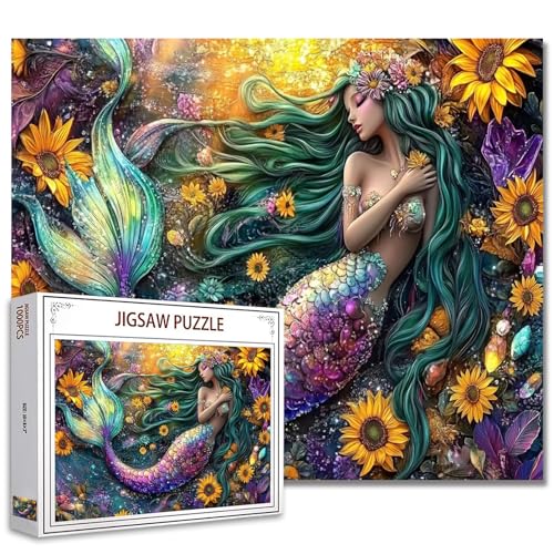 Meerjungfrau mit glitzernden Fischschwanz Jigsaw Puzzle 1000 Teile Puzzles für Erwachsene Meerjungfrau Blumen Kristalle Jigsaw Puzzles für anspruchsvolle Familie Aktivität Spiele Puzzle für Home Decor von Tucocoo