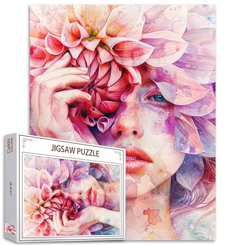Modische Mädchen Puzzle 1000 Stücke Puzzles für Erwachsene, Dahlie Blume Puzzle für herausfordernde Familienaktivität Spiele DIY Frau Puzzle für Home Wall Decor Geschenke für 20 x 27 Zoll von Tucocoo